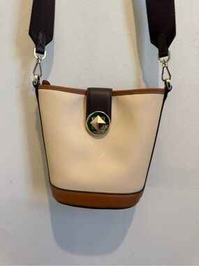 Two-Tone Cream and Brown Bucket Crossbody Bag with Gold Accent